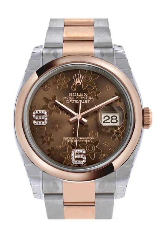 classic pocket watches for collectors   Rolex Datejust 36 Chocolate floral motif set with diamonds Dial Steel and 18k Rose Gold Oyster Watch 116201