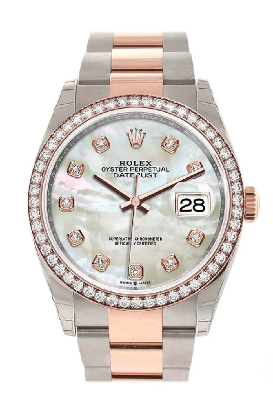 Watches with a luxurious look Rolex Datejust 36 White Mother-of-Pearl Set with Diamonds Dial Rose Gold Two Tone Watch 126281RBR 126281 NP Watches with a luxurious look Rolex Datejust 36 White Mother-of-Pearl Set with Diamonds Dial Rose Gold Two Tone Watch 126281RBR 126281 NP