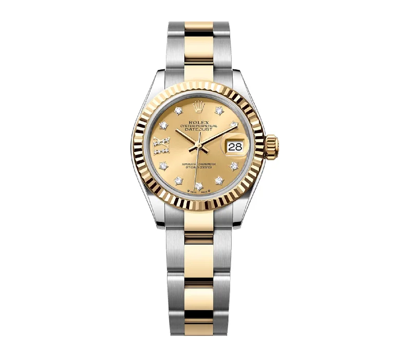 Vintage style quartz watches   28mm Steel & Yellow Gold Champagne Diamond Dial Oyster Bracelet