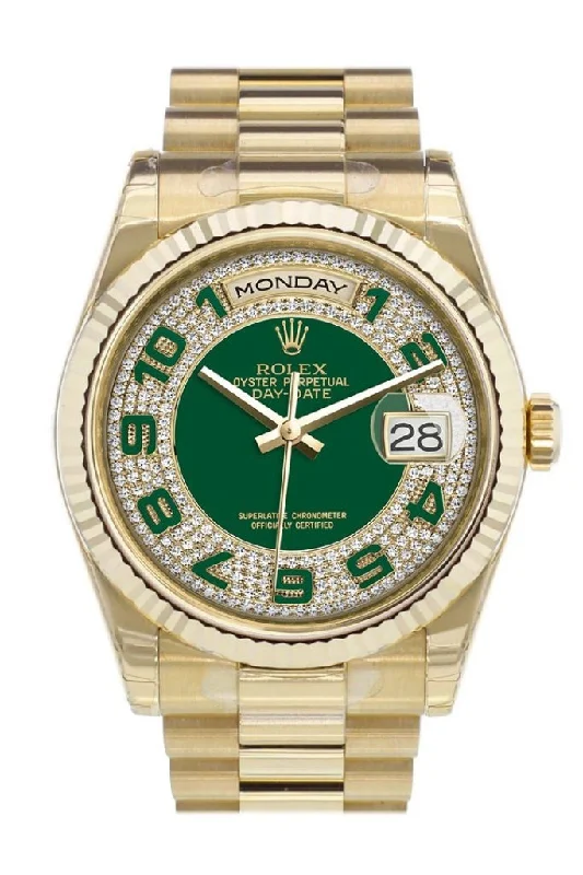 Watches with a sophisticated look Rolex Day-Date 36 Green diamond paved Dial Fluted Bezel President Yellow Gold Watch 118238 Watches with a sophisticated look Rolex Day-Date 36 Green diamond paved Dial Fluted Bezel President Yellow Gold Watch 118238
