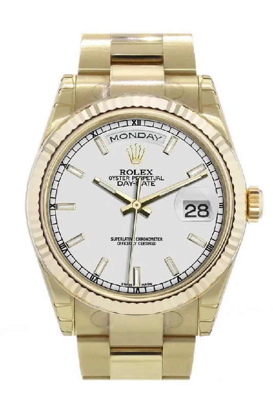 Watches for daily wear   Rolex Day-Date 36 White Dial Fluted Bezel Oyster Yellow Gold Watch 118238