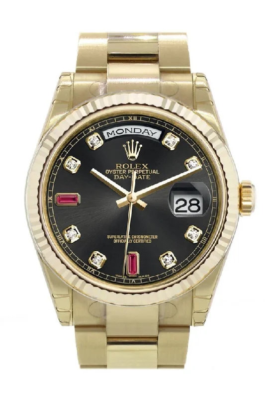stylish watches for everyday wear Rolex Day-Date 36 Black set with diamonds and rubies Dial Fluted Bezel Yellow Gold Watch 118238 stylish watches for everyday wear Rolex Day-Date 36 Black set with diamonds and rubies Dial Fluted Bezel Yellow Gold Watch 118238