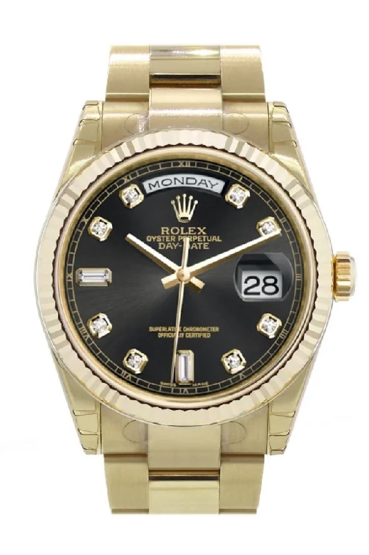 Watches with leather straps and quick release clasps Rolex Day-Date 36 Black set with diamonds Dial Fluted Bezel Yellow Gold Watch 118238 Watches with leather straps and quick release clasps Rolex Day-Date 36 Black set with diamonds Dial Fluted Bezel Yellow Gold Watch 118238