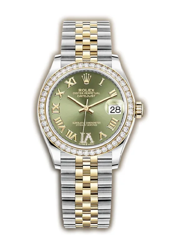 Formal watches for evening events   31mm Steel & Yellow Gold Diamond Bezel Olive Green Roman Diamond VI Dial Jubilee Bracelet