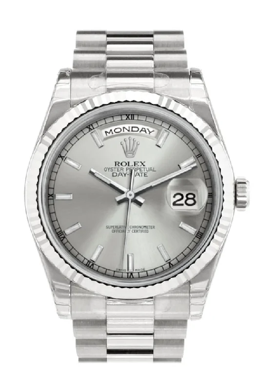 elegant dress watches for formal events   Rolex Day-Date 36 Silver Dial Fluted Bezel President White Gold Watch 118239