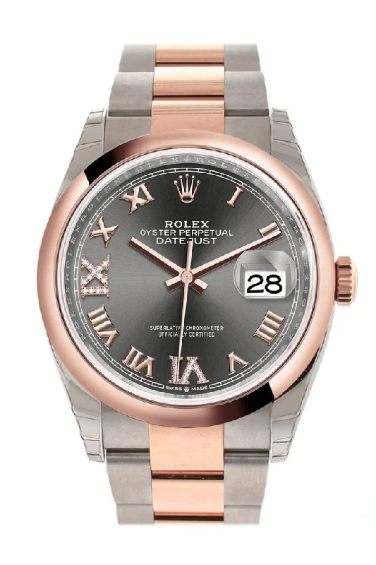 Watches with a classic look   Rolex Datejust 36 Dark rhodium set with diamonds Dial Dome Rose Gold Two Tone Watch 126201 NP