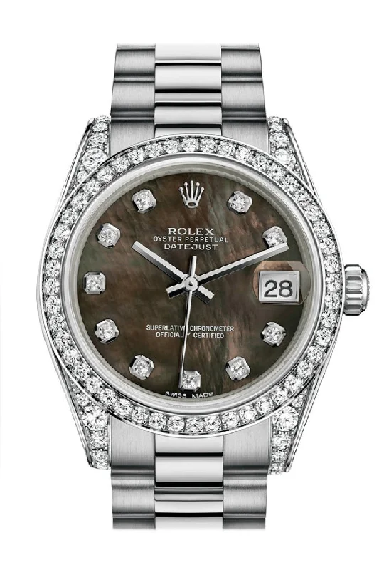 Vintage style quartz watches   Rolex Datejust 31 Black mother-of-pearl Diamond Dial Diamond Bezel Lug 18K White Gold President Watch 178159 Pre-owned