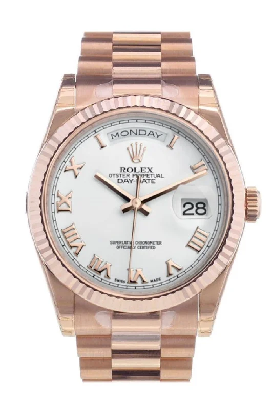 Watches with a luxurious look   Rolex Day-Date 36 White Roman Dial Fluted Bezel President Everose Gold Watch 118235