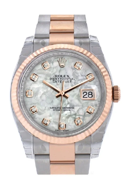 Watches with a stylish look   Rolex Datejust 36 White mother-of-pearl diamonds Dial Fluted Steel 18k Rose Gold Oyster Watch 116231 Pre-owned