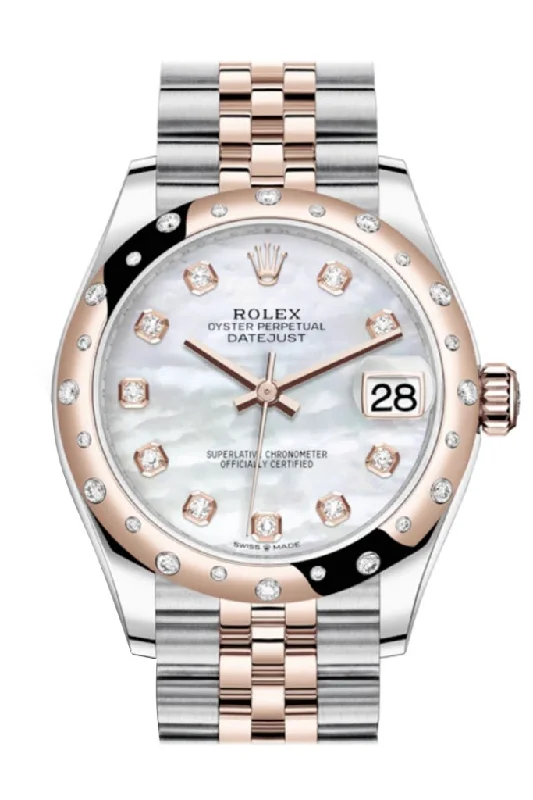 Watches with leather straps and quick release clasps   Rolex Datejust 31 White mother-of-pearl Diamonds Dial Diamond Bezel Jubilee Rose Gold Two Tone Watch 278341RBR 278341