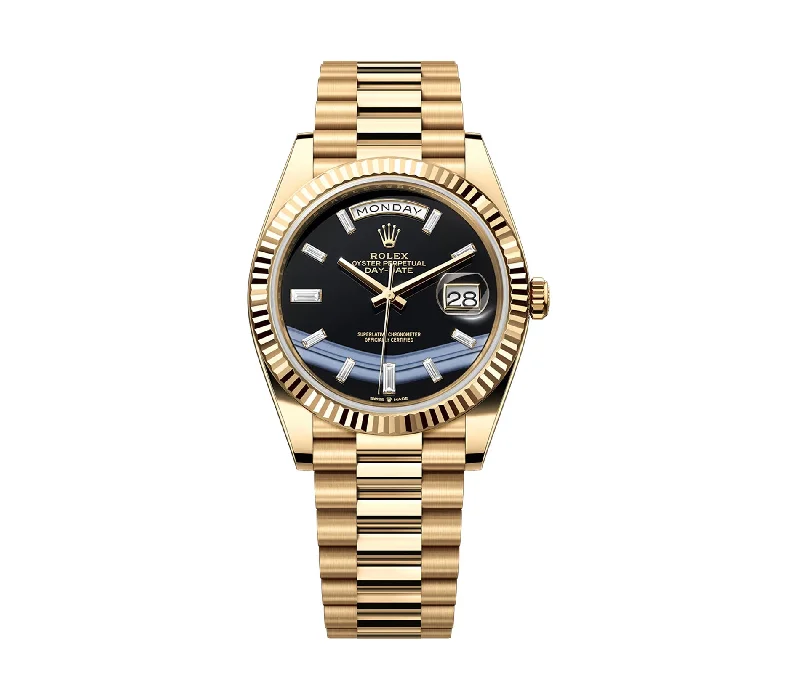 Modern design square dial watches   40mm 18k Yellow Gold President ONYX Baguette Diamond Dial