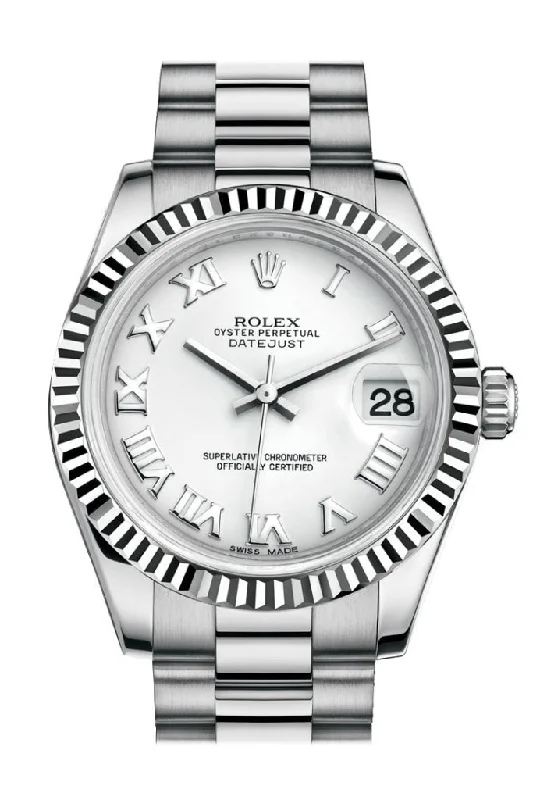 Women's dress watches with elegant straps   Rolex Datejust 31 White Roman Dial Fluted Bezel 18K White Gold President Ladies Watch 178279 Pre-owned