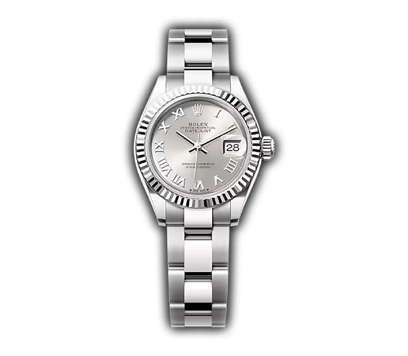 Watches with a classic look   28mm Stainless Steel Silver Roman Dial 18k Fluted Bezel Oyster Bracelet