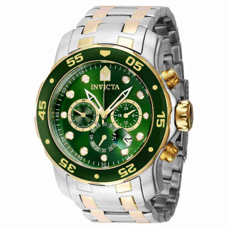 Watches with leather straps and quick release clasps   Invicta Men's Chrono Watch - Pro Diver Scuba Green Dial Two Tone Bracelet | 40191
