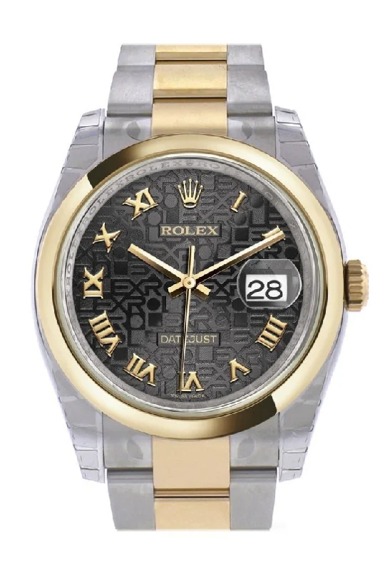 Luxury quartz watches with high-end movements   Rolex Datejust 36 Black Jubilee Roman Dial 18k Gold Two Tone Oyster Watch 116203 Pre-owned