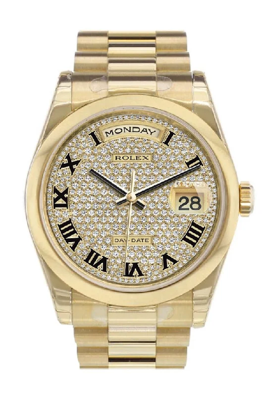 stylish watches for casual wear   Rolex Day-Date 36 Diamond Paved Dial President Yellow Gold Watch 118208