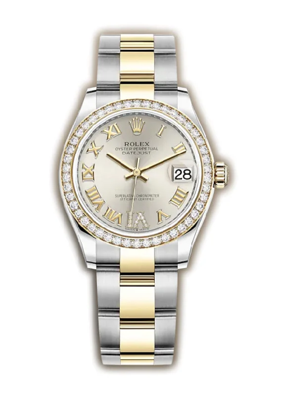Women's dress watches with elegant straps   31mm Steel & Yellow Gold Diamond Bezel Silver Roman Diamond VI Dial Oyster Bracelet