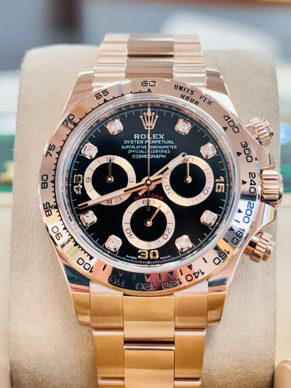 Watches with a luxurious look   Rolex Chronograph Daytona 116505 Factory Black Diamond Dial Rose Gold Oyster Bracelet Box & Papers 2023 MINT