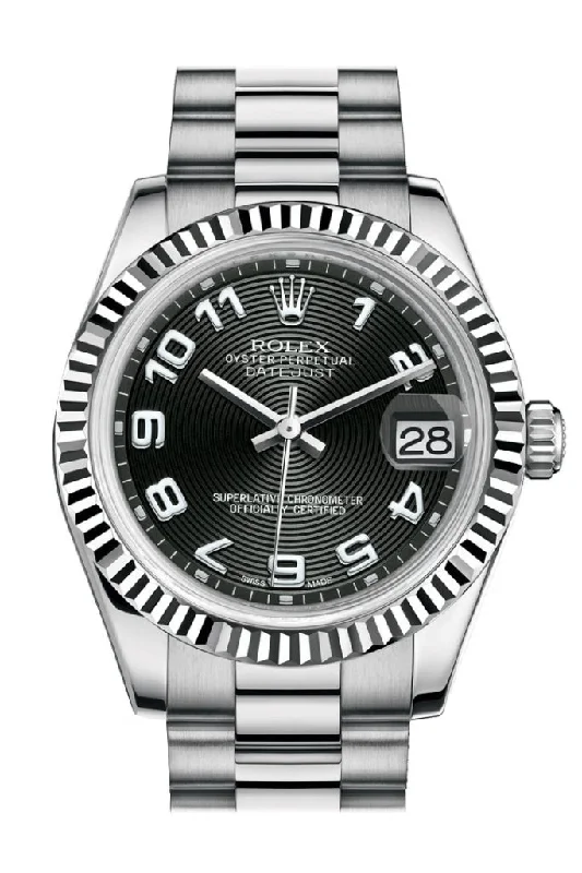 Luxury quartz watches with high-end movements   Rolex Datejust 31 Black Concentric Circles Arabic Dial Fluted Bezel 18K White Gold President Ladies Watch 178279 Pre-owned