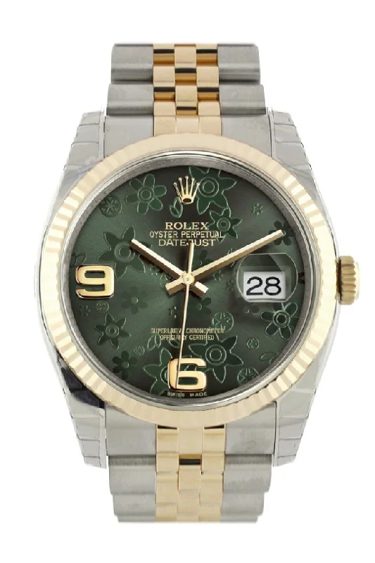 classic pocket watches for collectors   Rolex Datejust 36 Green floral motif Dial Fluted 18K Gold Two Tone Jubilee Watch 116233 Pre-owned