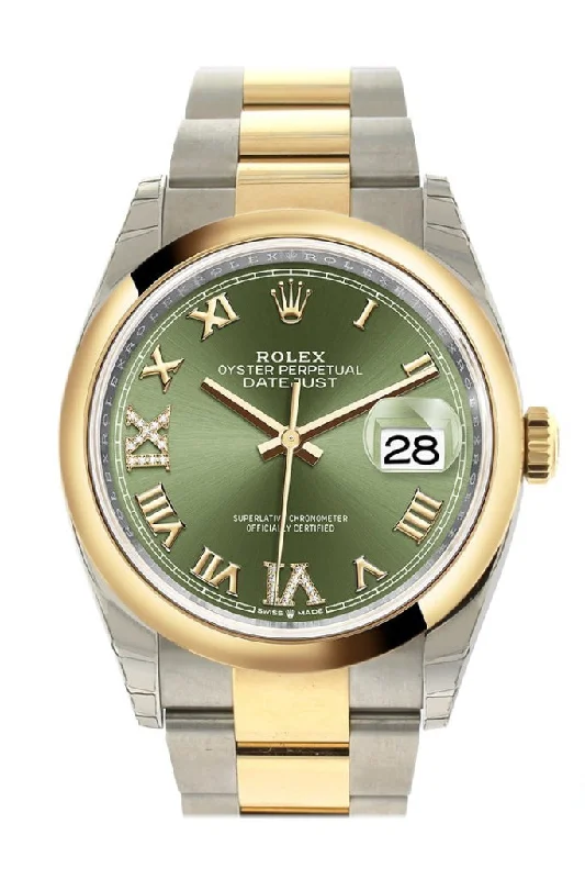 Luxury quartz watches with high-end movements   Rolex Datejust 36 Olive green set with diamonds Dial Dome Bezel Oyster Yellow Gold Two Tone Watch 126203 NP