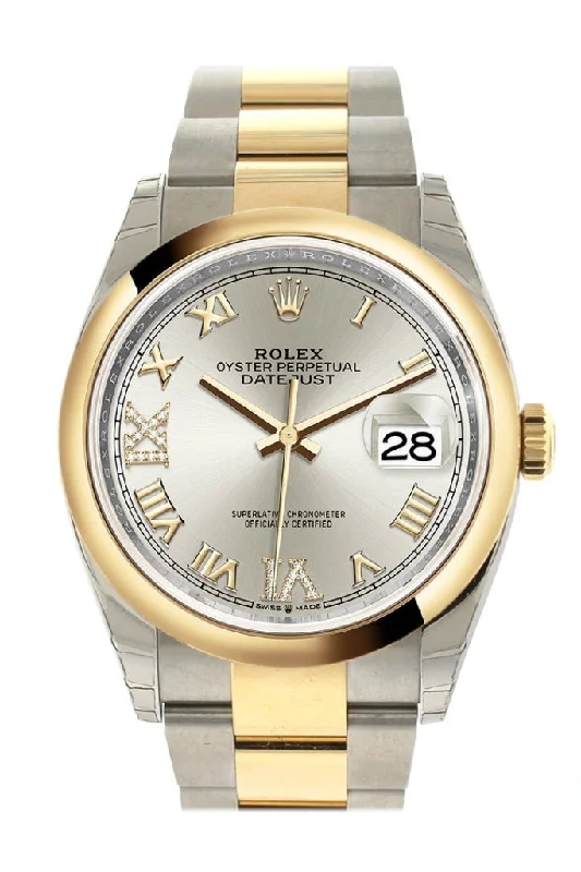 Formal watches for evening events   Rolex Datejust 36 Silver set with diamonds Dial Dome Bezel Oyster Yellow Gold Two Tone Watch 126203 NP