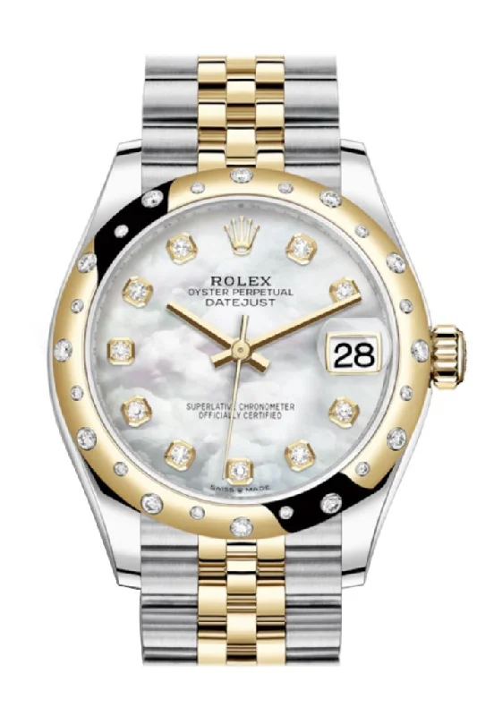 minimalistic watches for men with leather bands   Rolex Datejust 31 White mother-of-pearl diamonds Dial Diamond Bezel Jubilee Yellow Gold Two Tone Watch 278341RBR 278343