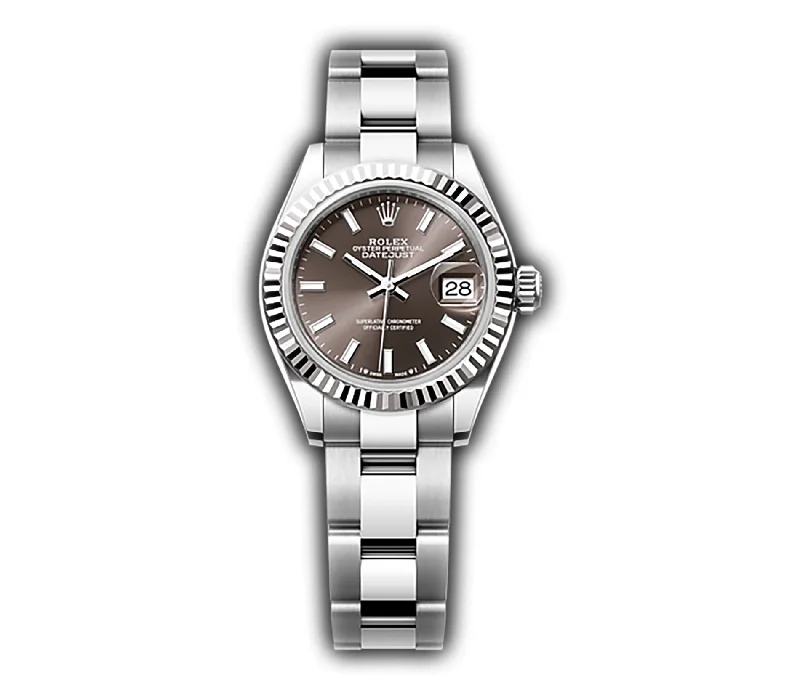 Watches with a sophisticated look 28mm Stainless Steel Dark Grey Index Dial 18k Fluted Bezel Oyster Bracelet Watches with a sophisticated look 28mm Stainless Steel Dark Grey Index Dial 18k Fluted Bezel Oyster Bracelet