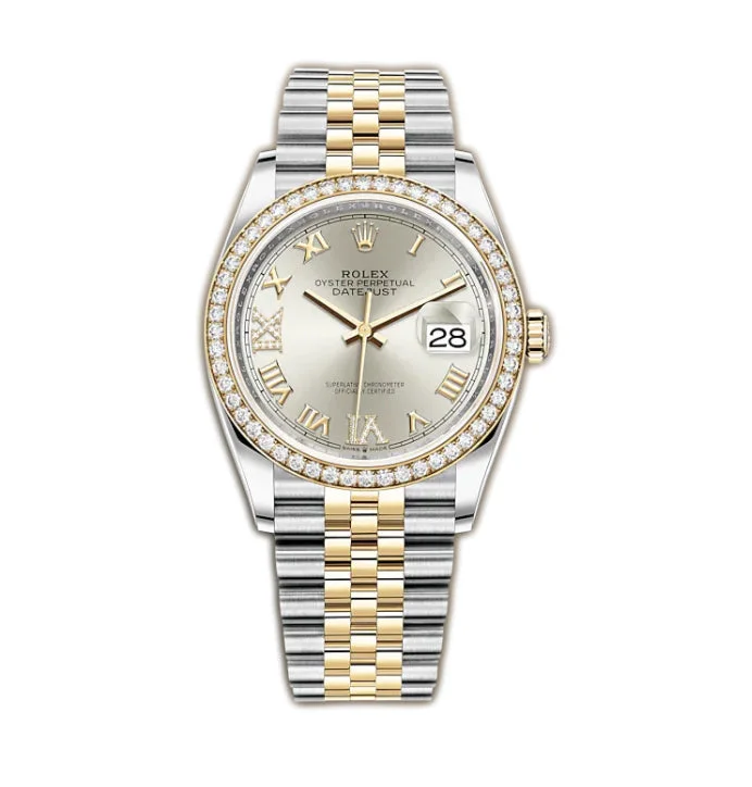 stylish watches for everyday wear   36mm Steel & Yellow Gold Silver Roman Diamond VI & IX Dial & Bezel On Jubilee Bracelet