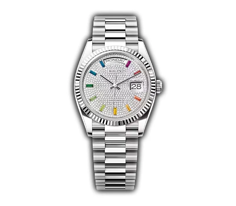 stylish watches for casual wear   36mm Platinum President Fluted Bezel Diamond Paved Rainbow Dial