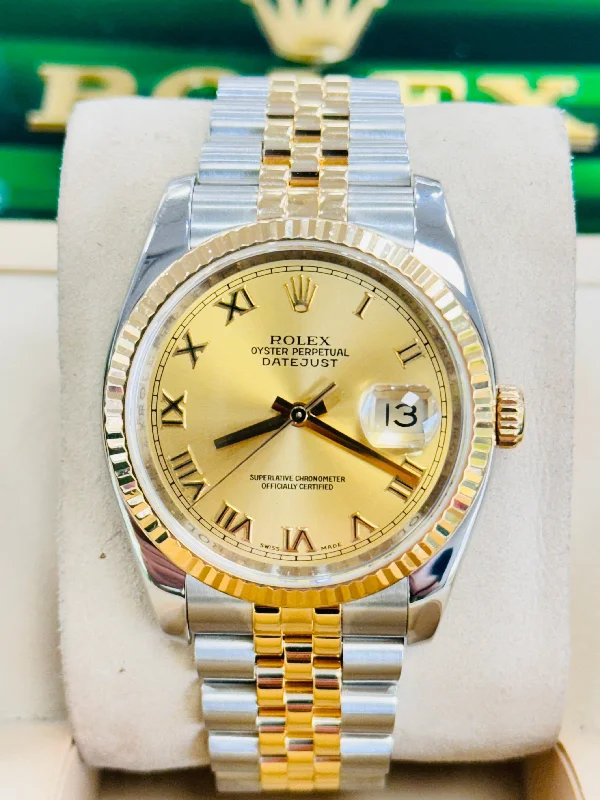 Luxury brand automatic watches for men Rolex Datejust 36 116233 18K Yellow Gold / SS Champagne Roman Dial Fluted Bezel Jubilee MINT Luxury brand automatic watches for men Rolex Datejust 36 116233 18K Yellow Gold / SS Champagne Roman Dial Fluted Bezel Jubilee MINT