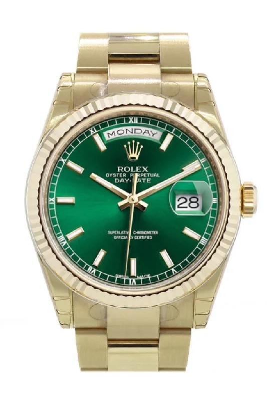 Women's dress watches with elegant straps   Rolex Day-Date 36 Green Dial Fluted Bezel Yellow Gold Watch 118238