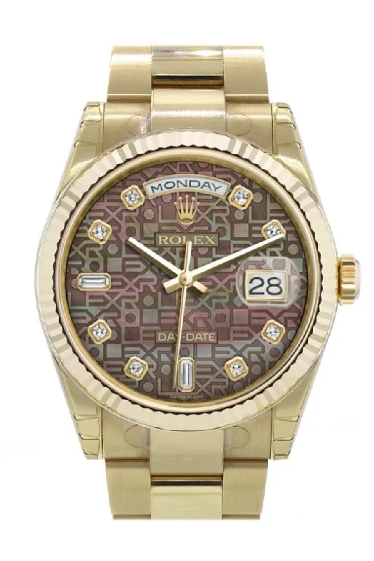 Watches with a stylish look   Rolex Day-Date 36 Black mother-of-pearl Jubilee design set with diamonds Dial Fluted Bezel Yellow Gold Watch 118238