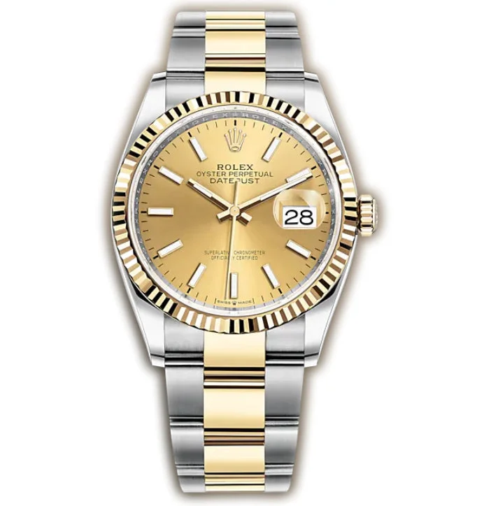 Watches with leather straps and quick release clasps   36mm Steel & Yellow Gold Fluted Bezel Champagne Index Dial Oyster Bracelet