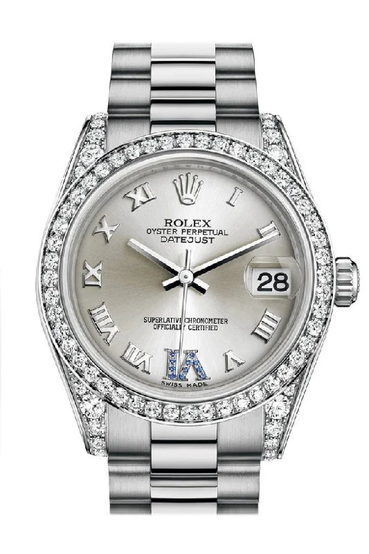 Casual watches for weekend outings   Rolex Datejust 31 Silver Large VI set with sapphires Dial Diamond Bezel Lug 18K White Gold President Ladies Watch 178159 Pre-owned
