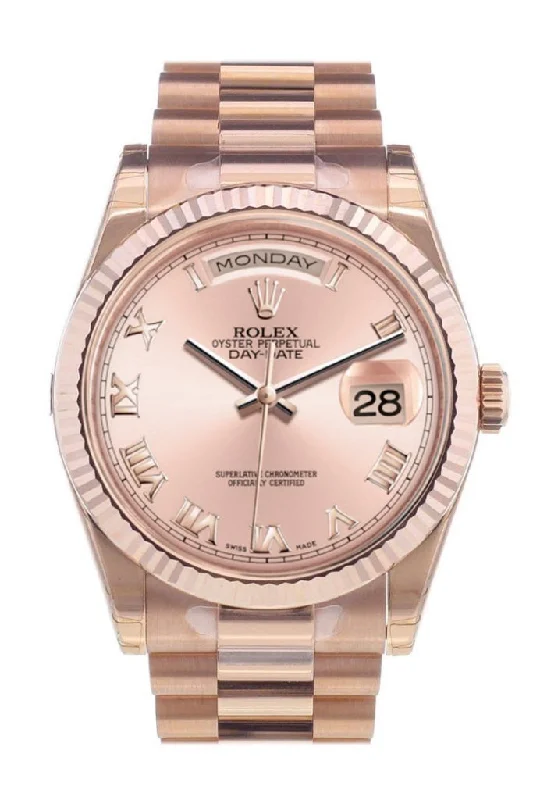 Formal watches for evening events   Rolex Day-Date 36 Pink Roman Dial Fluted Bezel President Everose Gold Watch 118235