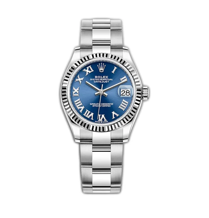 Men's dress watches with slim profile 31mm Steel and 18k Fluted Bezel Blue Roman Dial Oyster Bracelet Men's dress watches with slim profile 31mm Steel and 18k Fluted Bezel Blue Roman Dial Oyster Bracelet