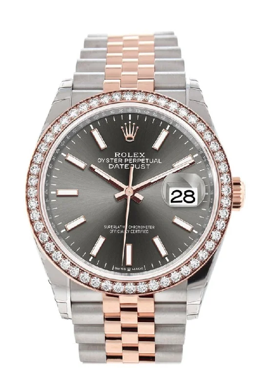 Watches with leather straps and quick release clasps Rolex Datejust 36 Dark Rhodium Dial Diamond Bezel Rose Gold Two Tone Jubilee Watch 126281RBR 126281 NP Watches with leather straps and quick release clasps Rolex Datejust 36 Dark Rhodium Dial Diamond Bezel Rose Gold Two Tone Jubilee Watch 126281RBR 126281 NP