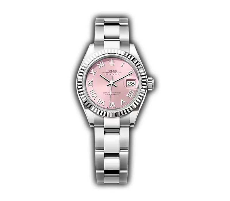 Watches with a stylish look   28mm Stainless Steel Pink Roman Dial 18k Fluted Bezel Oyster Bracelet