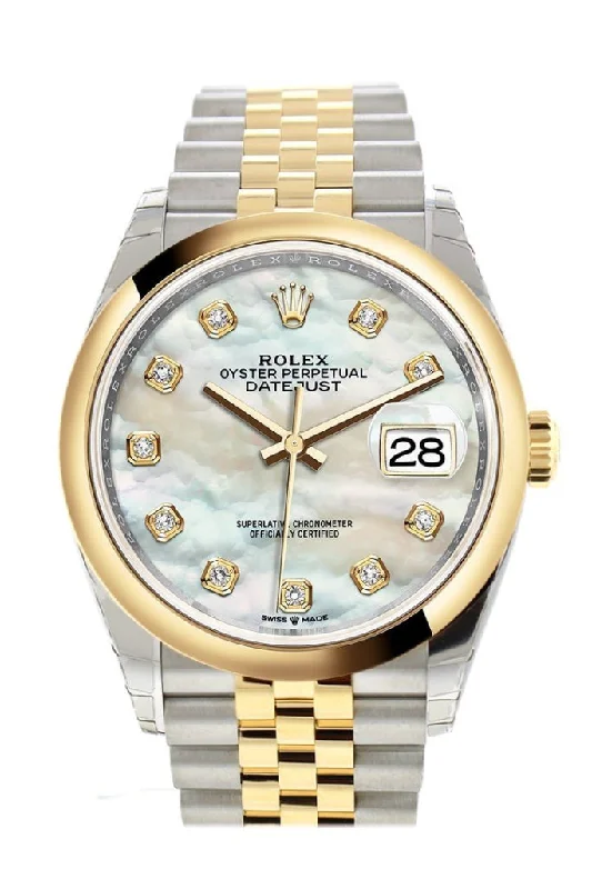 Luxury quartz watches with high-end movements   Rolex Datejust 36 White mother-of-pearl set with diamonds Dial Dome Bezel Jubilee Yellow Gold Two Tone Watch 126203 NP