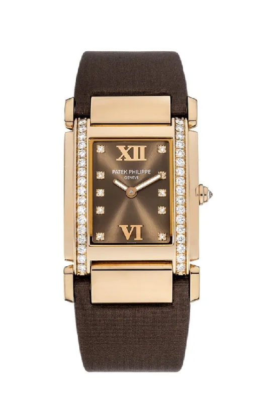 Watches with leather straps and quick release clasps   Patek Philippe Twenty 4 Diamond Brown Dial Rose Gold Ladies Watch 4920R-001