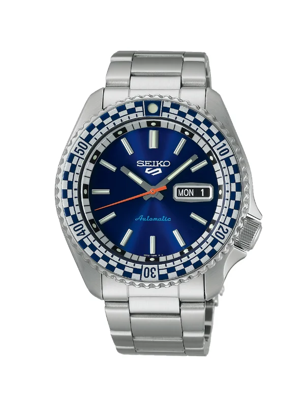 Vintage style quartz watches   Seiko 5 Sports Petrol Blue "Checker Flag" Special Edition Watch 43mm SRPK65K1