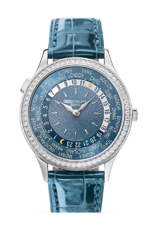 minimalistic watches for men with leather bands   Patek Philippe Complications World Time Automatic Diamond Blue Dial Watch 7130G-014